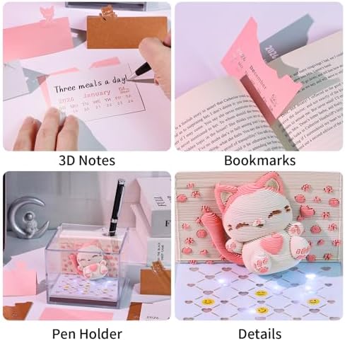 3D Calendar 2027, Desk Time Piece Calendar 2027,Tear-Away 3D Paper Art Notepad w LED Lights,Creative 3D Memo Artsy Pad Calendars, DIY Paper Carving Gift (Jumping Cat) - Image 6