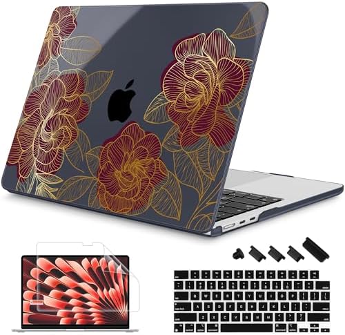 Mektron for 2026/2025/2024/2023 MacBook Air 15 INCH M5 A3448 /M4 A3241 /M3 A3114 /M2 A2941 Case, Printed Plastic Hard Shell Cover with 15.3" Liquid Retina Display Touch ID, Golden Rose by Mektron