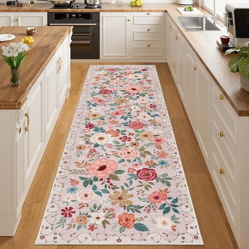 DUKINO 2x10 Runner Rug, Floral Washable Kitchen Runner Rug Non Slip, Beige - Image 4