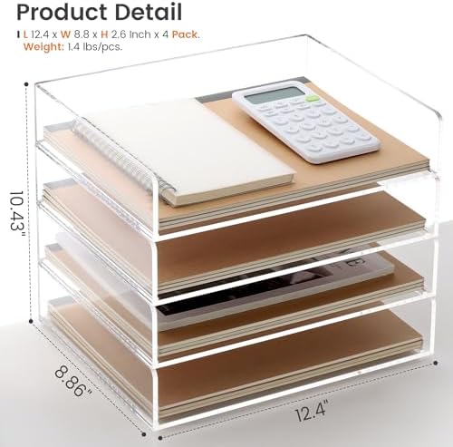 Acrylic Paper Tray, 4 Tier Paper Organizer for Desk, Clear Acrylic Desk Organizers, Stackable Letter Tray Workspace Organizer -Art Storage for School Classroom -4 Pack… - Image 5