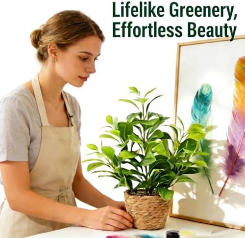 16 inch Boho Artificial Peperomia Potted Plant in Woven Basket Planter Lifelike Two Tone Green Leaves Faux Indoor Branches for Home Office Desk Shelf Bathroom Table Decor - Image 6