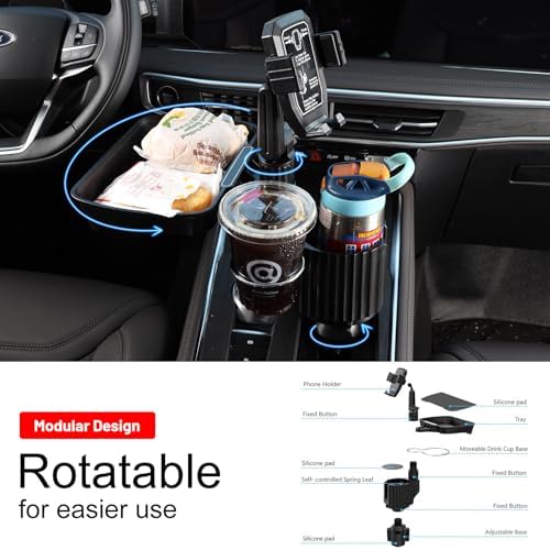 Car Large Cup Holder Expander, 4-in-1 Cupholder Extender with Phone Holder & Swivel and Detachable Snack Food Tray Table for Eating, Travel Essentials for Road Trips for Driver. Model F - Image 5