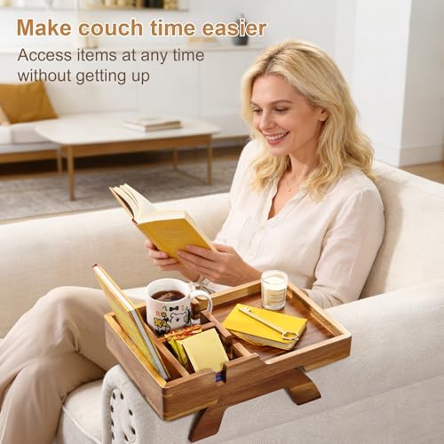 Acacia Wood Couch Armrest Table with 2 Cup Holders & Remote Slot 15.4"x9.8" - Image 5