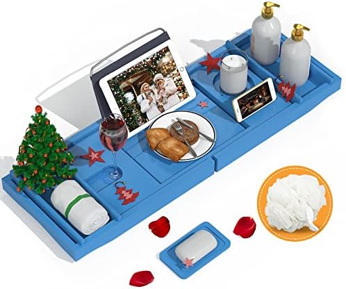 Domax Bamboo Bathtub Tray - Expandable Bath Caddy Tray for Tub, Blue by Domax
