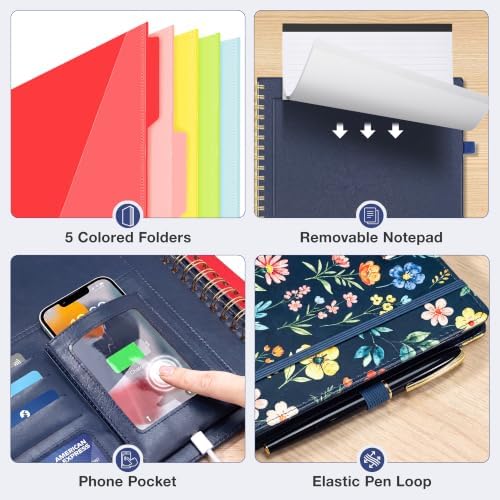 Ospelelf Leather Clipboard with Storage, Spiral Clipboard Folio for Letter Size with Phone Pocket, Zipper Pouch and 5 Dividers, Portfolio Organizer for Office, School Floral - Image 4