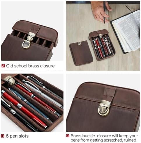 Hiram Vintage Leather 6-Pen Case Large Capacity Pen Holder with Brass Buckle Closure Travel Pouch for Fountain Pens Rollerballs - Image 6