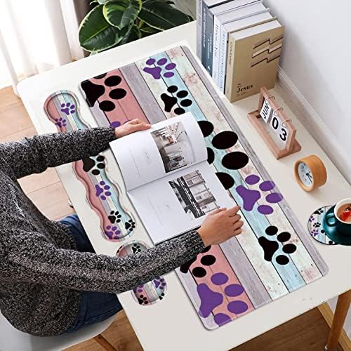 Large Gaming Mouse Pad, Keyboard Wrist Rest + Mouse Wrist Pad + Coaster Combination Set, Memory Sponge Non-Slip Base. Suitable for Office and Home, Rainbow Wood Grain Black and Purple Dog paw - Image 7