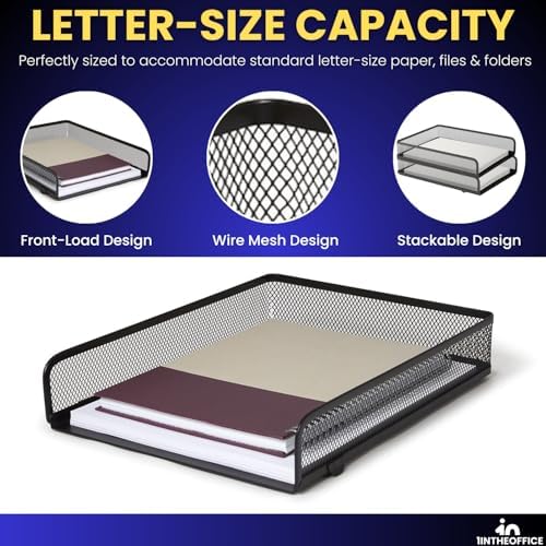 1InTheOffice Letter Trays for Desk Stackable, Front-Load Mesh Desk Tray Organizer, Black, 2 Pack - Image 4