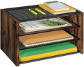 DAOUTIME 3-Tier Paper Letter Tray, Wooden Desk File Organizer, Stackable Metal Mesh Desk Organizer for Office Supplies. Small Paper Trays for Home Office School, Rustic Brown by DAOUTIME