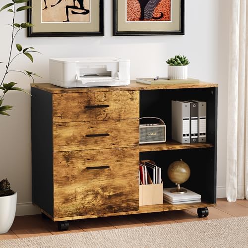VINGLI 3 Drawer Wood Lateral File Cabinet with Adjustable Shelves & Locking Wheels, Printer Stand with Drawers for Letter, Sturdy Black File Cabinets for Home Office, Study & Business, Rustic Brown - Image 2