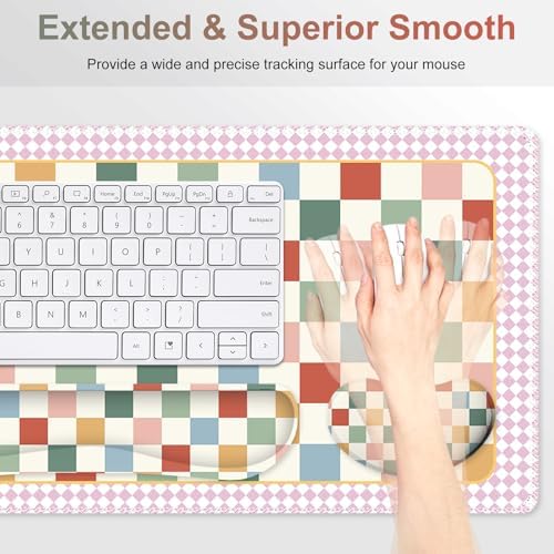 Vintage Macaron Checker Mouse Pad Set, 4 in1 Ergonomics Keyboard Desk Mat with Memory Foam Wrist Rest, Extended Game Mousepad, Large Gaming Non-Slip Desk Pad Matt Easy Typing Pain Relief - Image 4
