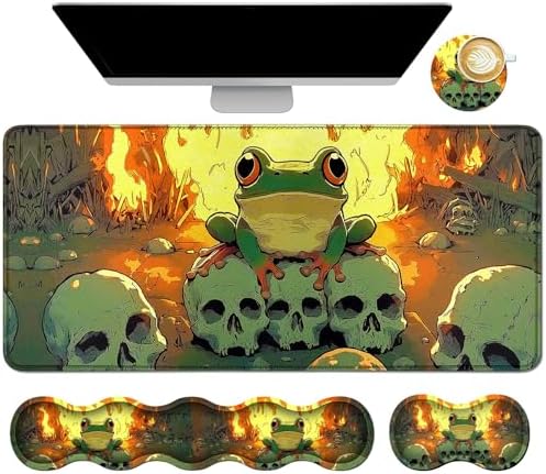 4Pcs Memory Foam Keyboard Wrist Rest Desk Mat Set, Flaming Frog Skull by Dikoer