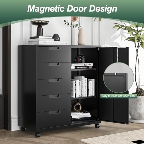 MIIIKO 5 Drawer Storage Cabinet with Door and Shelf, Mobile Lateral Cabinet on Wheels, Office Small Organizer Printer Stand, Black File Cabinets - Image 5