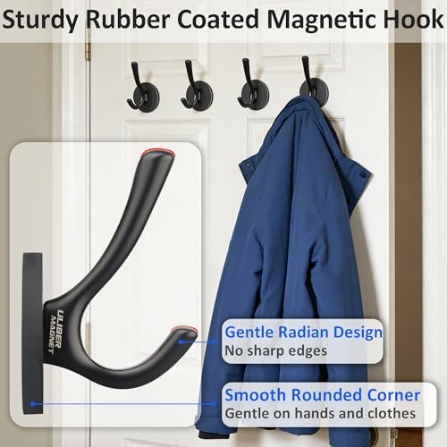 ULIBERMAGNET Strong Magnetic Double Hooks, 4 Pack Heavy Duty Sturdy Coat Magnetic Hooks, Rubber Magnets Large Hooks for Coat Robe Towel Key Hat (Black) - Image 3