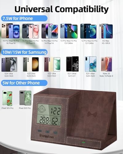 Pen Holder for Desk, Desk Organizer with Wireless Charger, Built in Digital Indoor Thermometer and Humidity Monitor, Multi-Functional Pencil Organizer for Home Office Supplies, Brown - Image 3