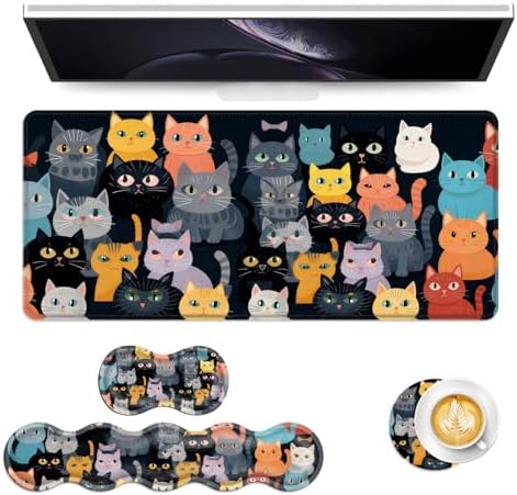 Keyboard Mouse Pad Set, Extended Gaming Mouse Pad+Ergonomics Keyboard Wrist Rest Support, Memory Foam, Easy Typing Pain Relief, 4Pcs XL Ultra Thick Desk Mat,Cute Cartoon Cat by Vobber