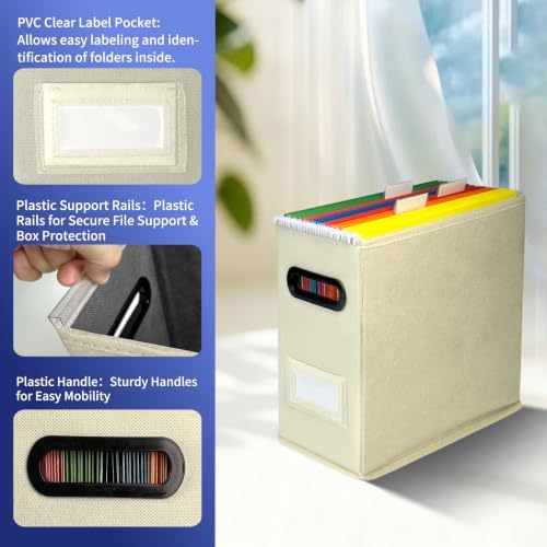 6 Pack Collapsible File Storage Box for Letter Size Documents, Portable File Organizer Box with Plastic Rails and Reinforced Cardboard, Desktop and Home Office Organization, Beige - Image 3