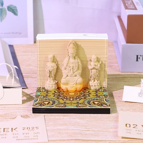 3D Memo Pad, 3D Calendar 2027, Time Piece Calendar, Tear-Off Calendars 2027, 3D Paper Carving Art Memo Pad, Art Carving Sticky Notes for Office Home Gifts Ornaments (Guanyin) - Image 2