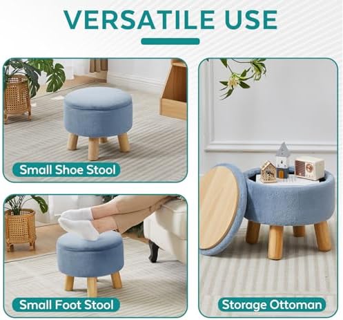 Small Foot Stool Ottoman with Storage, Soft Faux Fur Ottoman Foot Rest for Couch, Round Footstool with Storage, Small Ottomans and Footstools for Living Room and Entryway (Light Blue) - Image 5
