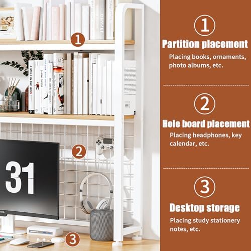 HUATOL Desktop Bookshelf for Computer Desk, 2-Tier Multipurpose Wood Countertop Bookshelf, Multipurpose Freestanding Storage Rack Display Shelf for Office, Home Decor, White - Image 3