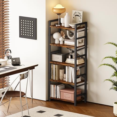 Organization and Storage, 5 Tier Bookshelf, Tall Bookcase with Shelves, Wood and Metal Book Shelf Storage Organizer, Industrial Display Standing Shelf Unit for Bedroom, Living Room, Rustic Brown - Image 6