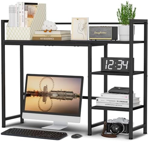 Snughome Desk Shelf, 38.6" Desk Hutch for Computer Monitor, Desktop Organizer Shelf, 4 Tier Desk Display Rack, Wood Desktop Bookshelf Storage Rack for Home Office Dorm, Black by Snughome