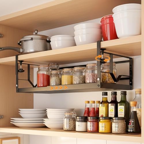 WELTOKE Under Shelf Storage Basket Organizer, Expandable Under Cabinet Shelf,Heavy Duty Metal Cabinet Hanging Shelf For Kitchen Cupboard Cabinet Pantry Laundry Desk Bookshelf Garage, Black(1 Pack) by WELTOKE