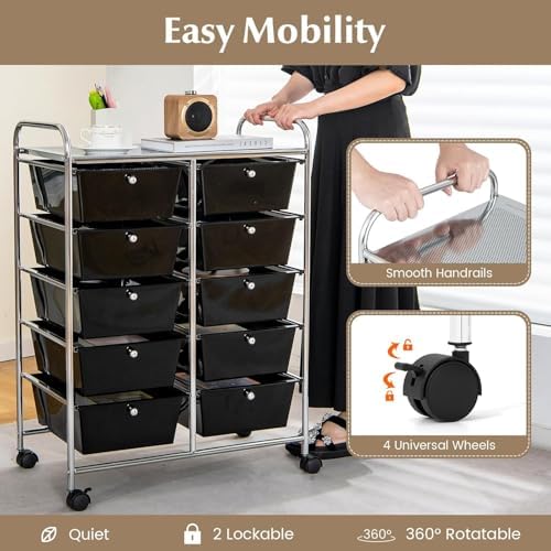 LDAILY 10 Drawer Rolling Cart, Storage Cart Organizer on Wheels, Drawer Cart with Metal Frame & Large Storage Capacity, Rolling Cart with Drawers for Living Room Classroom, Office - Image 4