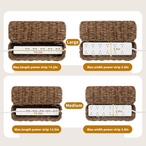 2 Pack Handwoven Cable Management Box with Lid, Decorative Cord Organizer for Power Strips, Chargers, TV Wires, Desk, Home & Office Storage, Plastic Rattan Tube - Image 4