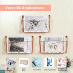 TQVAI Hanging Wall File Organizer 3 Pack, Metal Wall Mounted File Holder, No Assembly Required, Curved Pocket Paper Document Rack for Office Home School Magazine Mail Storage, Rose Gold - Image 3