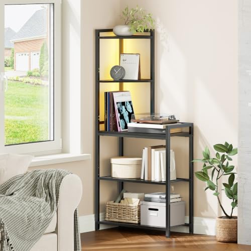 HOOBRO 5-Tier Corner Shelf Stand, Corner Shelf with LED Light, 56.3" Tall Corner Bookshelf, Display Rack Storage Organizer with Table, for Small Spaces, Living Room, Entryway, Black BB69DCJ01 - Image 2