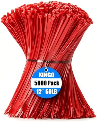 XINGO 5000 PCS Red Zip Ties 12 Inch, 60 LBS Tensile Strength, Self-Locking Nylon Plastic Nylon PA66 Wire Ties for Indoor and Outdoor Use by XINGO