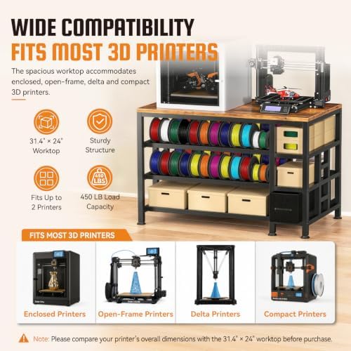 3D Printer Stand with Storage, 3-Tier Filament Storage Rack, Power Strip, Side Drawer, Heavy-Duty Printer Table, 31.4 x 24 in Worktop - Image 7
