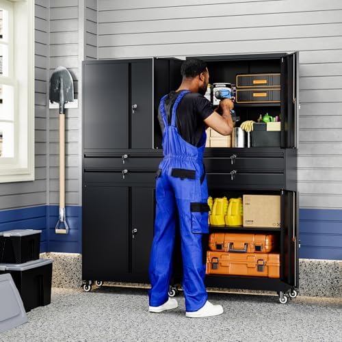 Yizosh Metal Garage Storage Cabinet with Locking Doors and Adjustable Shelves, 74" Rolling Tool Storage Cabinet with 4 Wheels and 2 Drawer for Garage,Warehouse - Image 2