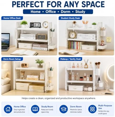 White 2-Tier Metal Desk Organizer with Pegboard & 6 Accessories, 20" × 15" × 8" Adjustable Desktop Storage Shelf for Office, Study & Student Desk - Image 5