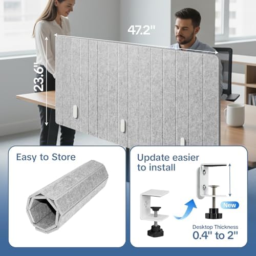 48" Desktop Privacy Screen - Sound Absorbing Felt Panel, Clamp-On Foldable Office Divider for Desk, Silver Gray - Image 2