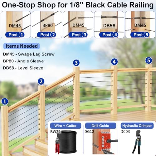 200 Pack Cable Railing Protector Sleeves for 1/8” Deck Railing System, Black Cable Railing Kit Hardware for Wood Post, T316 Stainless Steel Marine Grade DB58 - Image 5
