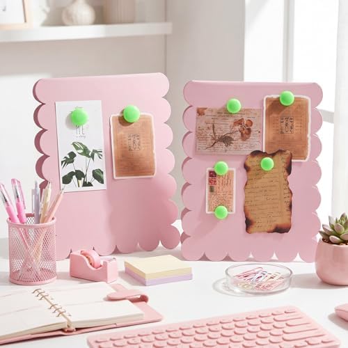 Gueevin 2 Pcs Pink Magnetic Bulletin Board Standing 10"x 12" Metal Memo Board Scalloped Magnetic Display Stand Double Sided Wave Magnet Message Desk Announcement Decor for Menu Photo Document Supplies - Image 2