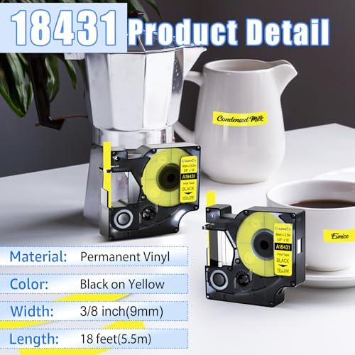 USUPERINK 4 Pack Compatible for Dymo 18431 Black on Yellow 9mm 3/8'' x 5.5m 18' Permanent Vinyl Label Tape Work with Rhino Pro 1000 3000 4200 5000 5200 6000 3M PL100 PL150 Industrial Label Makers - Image 2