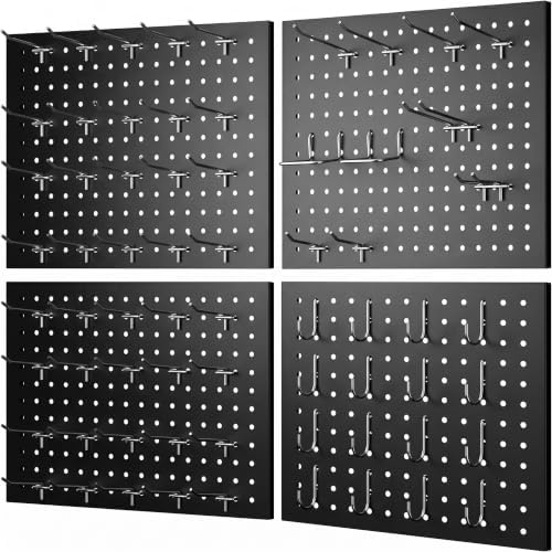 Peg Board, 4-pcs 16" x 12" Metal Pegboard Panels with 70 Hooks, Tool Organizer for Garage, Craft Room, Black by Unknown