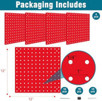 4 Pack Steel Peg Board,Universal 1/8 and 1/4 Pegboard Accessories,Ideal for Garage Tool Storage, Office Organization, Craft Room, Kitchen etc. (Red, 4-12X12) - Image 2