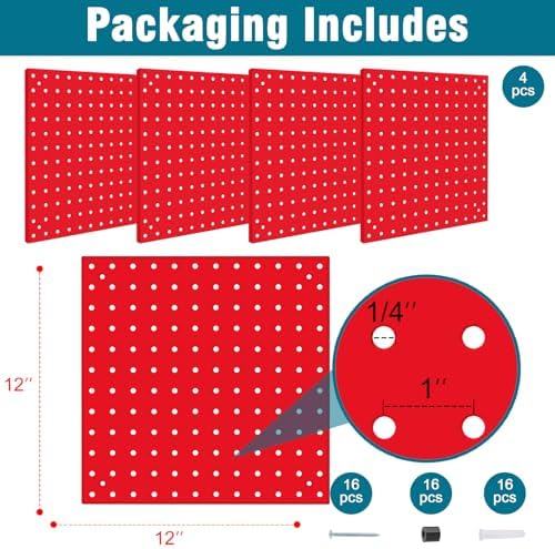 4 Pack Steel Peg Board,Universal 1/8 and 1/4 Pegboard Accessories,Ideal for Garage Tool Storage, Office Organization, Craft Room, Kitchen etc. (Red, 4-12X12) - Image 2