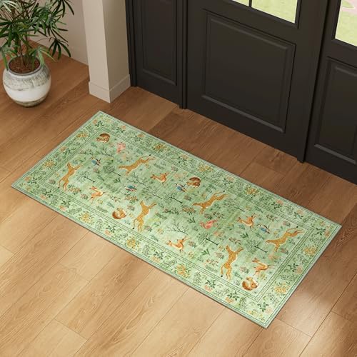 DUKINO 2x5 Rug for Hallway, Washable Animal Runner Rug Non Slip Light Green - Image 3