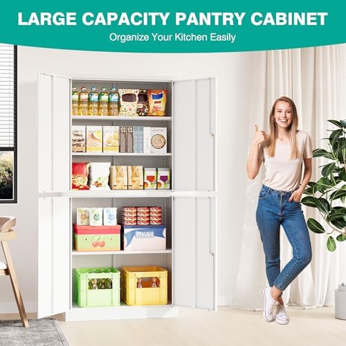 Metal Storage Cabinet with 3 Adjustable Shelves,Garage Storage Cabinet with Lock,White Metal Cabinets with Locking Doors,71" 4 Door Pantry Cabinet,Lockable Cabinets for Home,Office,Garage,Kitchen - Image 5