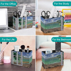 PU Leather Multi-Compartment Pen Holder Desktop Organizer Pencil Cup Storage Caddy for Office Home Supplies Wood Window Ocean Scenery Sand Sea Beach Theme - Image 4