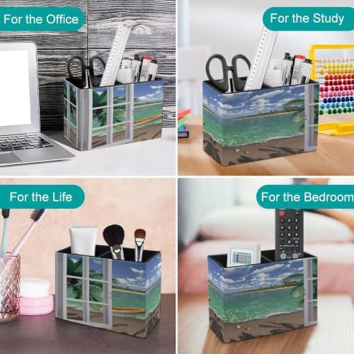 PU Leather Multi-Compartment Pen Holder Desktop Organizer Pencil Cup Storage Caddy for Office Home Supplies Wood Window Ocean Scenery Sand Sea Beach Theme - Image 4