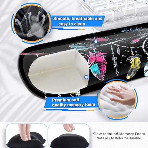 Large Gaming Mouse Pad+ Keyboard Wrist Rest Set, Ergonomics Memory Foam Mouse Mat Wrist Rest Support for Home Office, Waterproof Extended Mousepad 31.5x11.8in, Dream Catcher Black Desk Pad - Image 4