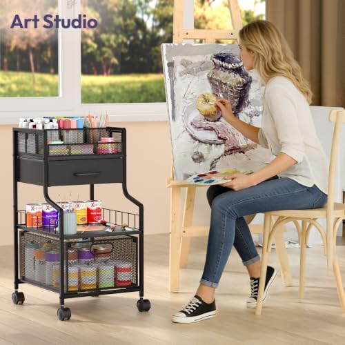 SWTYMIKI Under Desk Storage Cart- Art Storage Cart with Drawers & DIY Divider - Office Cart Organizer Under Desk Shelf, Craft Rolling Cart for Office, Craft Room & Studio Black - Image 2