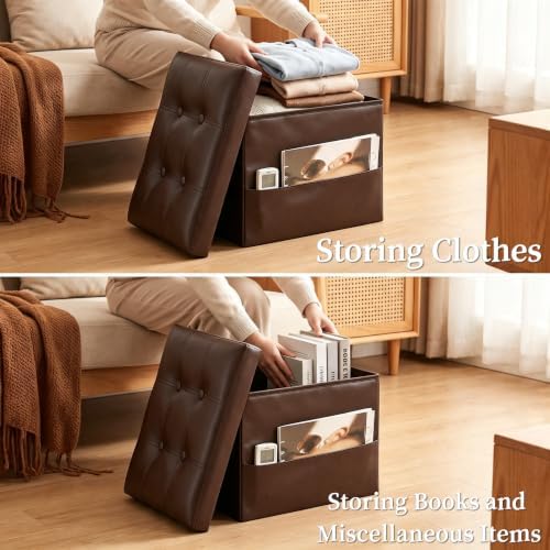 Ottoman with Storage, Folding Leather Foot Stools Ottoman for Dorm, Brown - Image 5