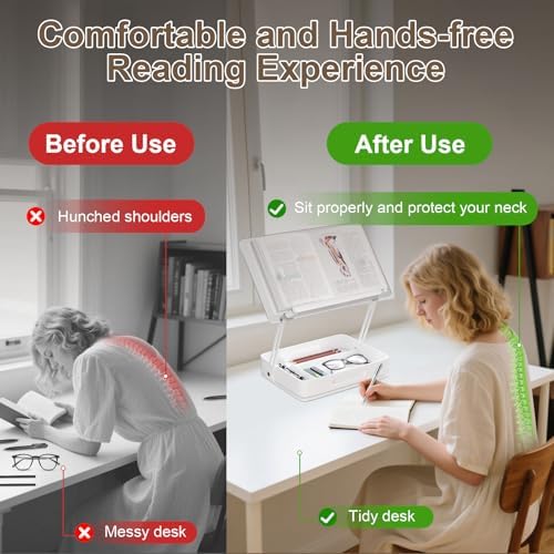 Book Holders for Reading, 360°Rotating Acrylic Book Stand with Storage Pen Slot, Foldable Desktop Riser Laptop Stand, Adjustable Book Reading Stand with Page Clips for Desk, Recipe, Cookbook Stand - Image 5